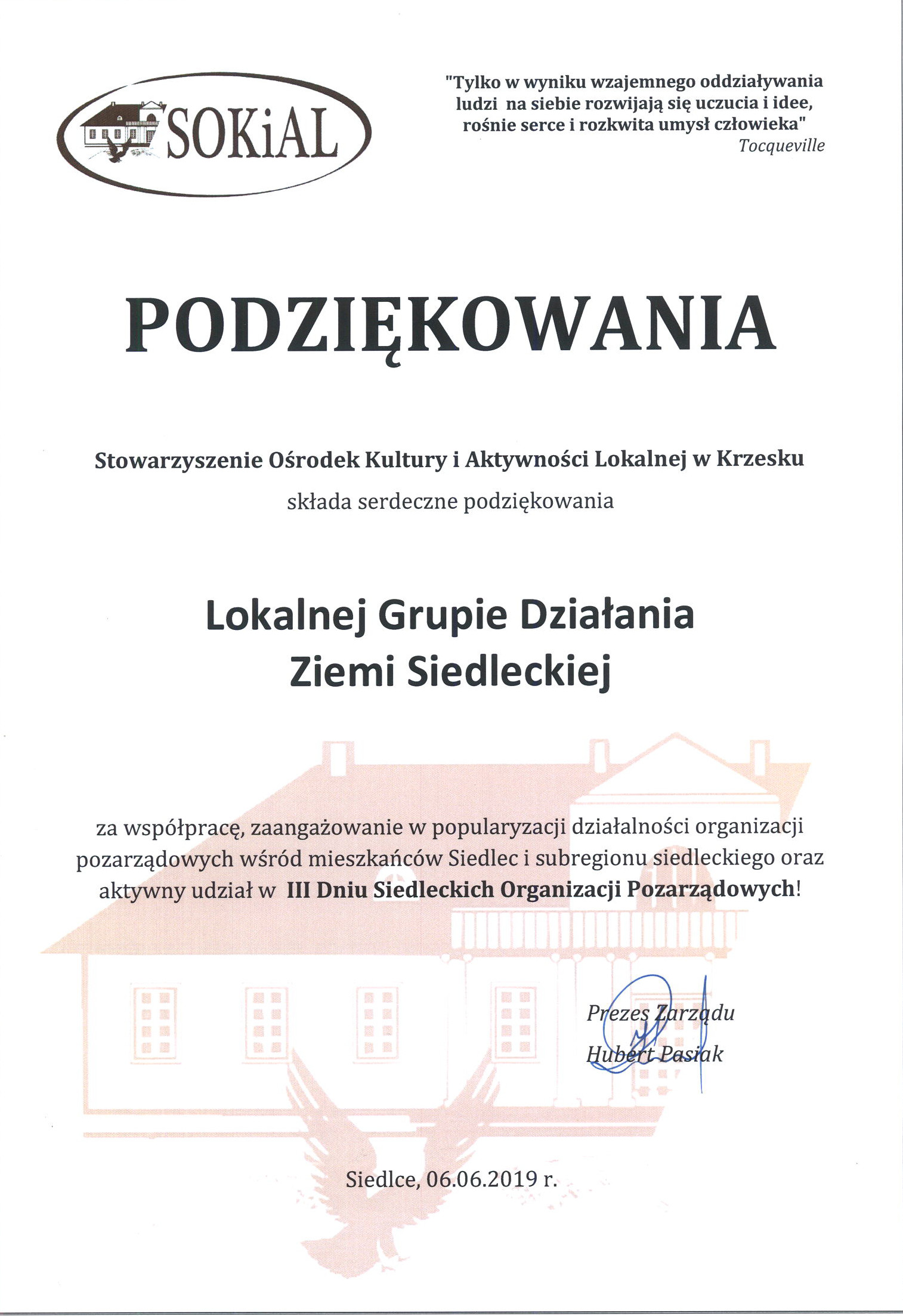 Podziękowanie SOKiAL 2019