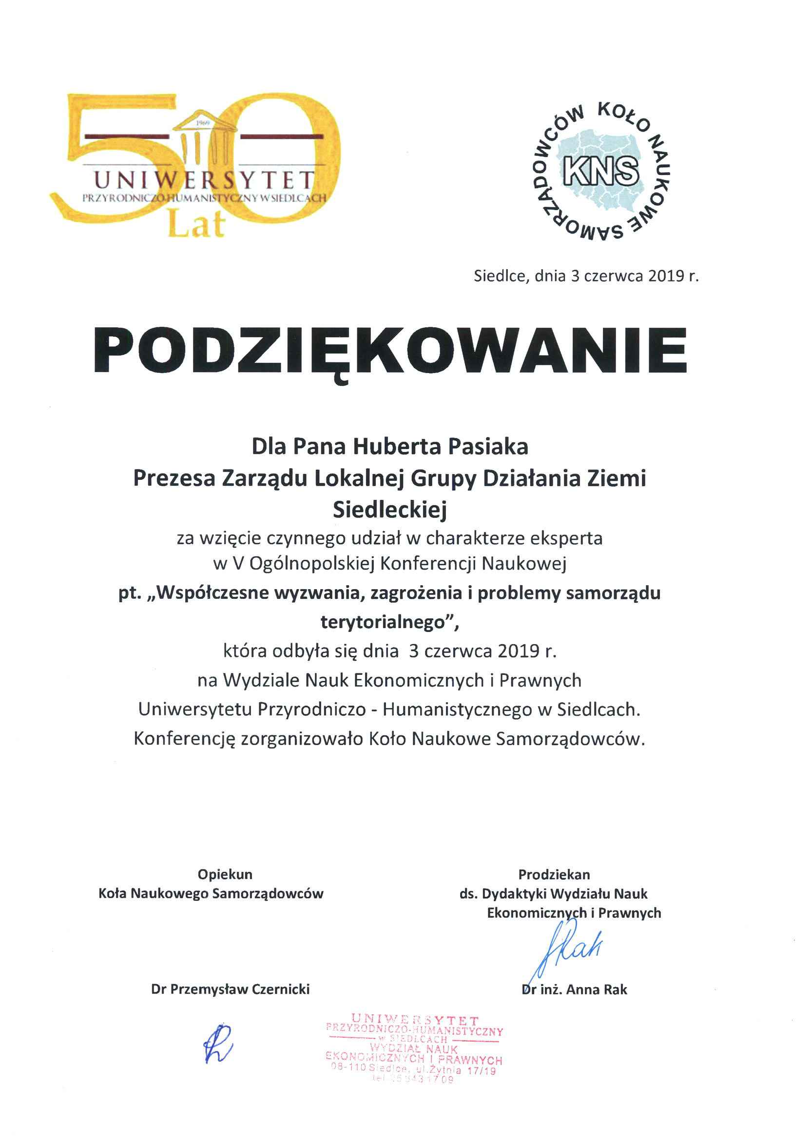 Podziękowanie UPH 2019