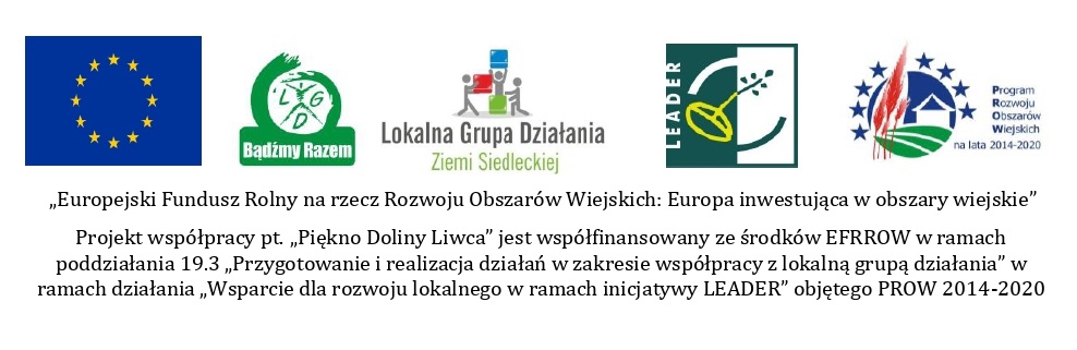 Na grafice znajduje się 5 logotypów oraz napis: „Europejski Fundusz Rolny na rzecz Rozwoju Obszarów Wiejskich: Europa inwestująca w obszary wiejskie. Projekt współpracy pt. „Piękno Doliny Liwca” jest współfinansowany ze środków EFRROW w ramach poddziałania 19.3 „Przygotowanie i realizacja działań w zakresie współpracy z lokalną grupą działania” w ramach działania „Wsparcie dla rozwoju lokalnego w ramach inicjatywy LEADER” objętego PROW 2014-2020."