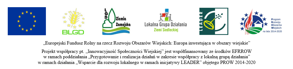 „Europejski Fundusz Rolny na rzecz Rozwoju Obszarów Wiejskich: Europa inwestująca w obszary wiejskie” Projekt współpracy pt. „Innowacyjność Społeczności Wiejskiej” jest współfinansowany ze środków EFRROW w ramach poddziałania „Przygotowanie i realizacja działań w zakresie współpracy z lokalną grupą działania” w ramach działania „Wsparcie dla rozwoju lokalnego w ramach inicjatywy LEADER” objętego PROW 2014-2020