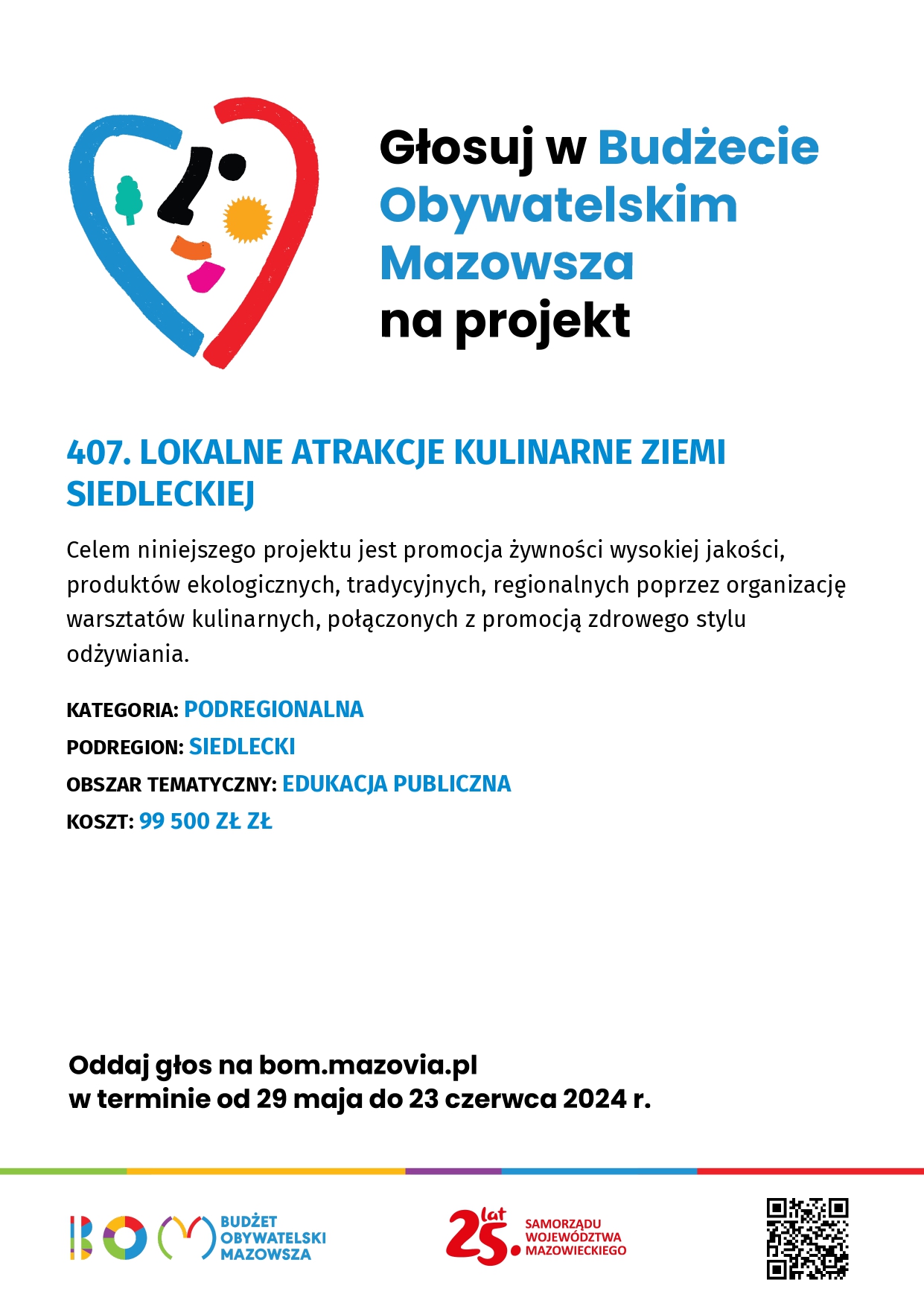 407. LOKALNE ATRAKCJE KULINARNE ZIEMI SIEDLECKIEJ Celem niniejszego projektu jest promocja żywności wysokiej jakości, produktów ekologicznych, tradycyjnych, regionalnych poprzez organizację warsztatów kulinarnych, połączonych z promocją zdrowego stylu odżywiania. KATEGORIA: PODREGIONALNA PODREGION: SIEDLECKI OBSZAR TEMATYCZNY: EDUKACJA PUBLICZNA KOSZT: 99 500 ZŁ ZŁ