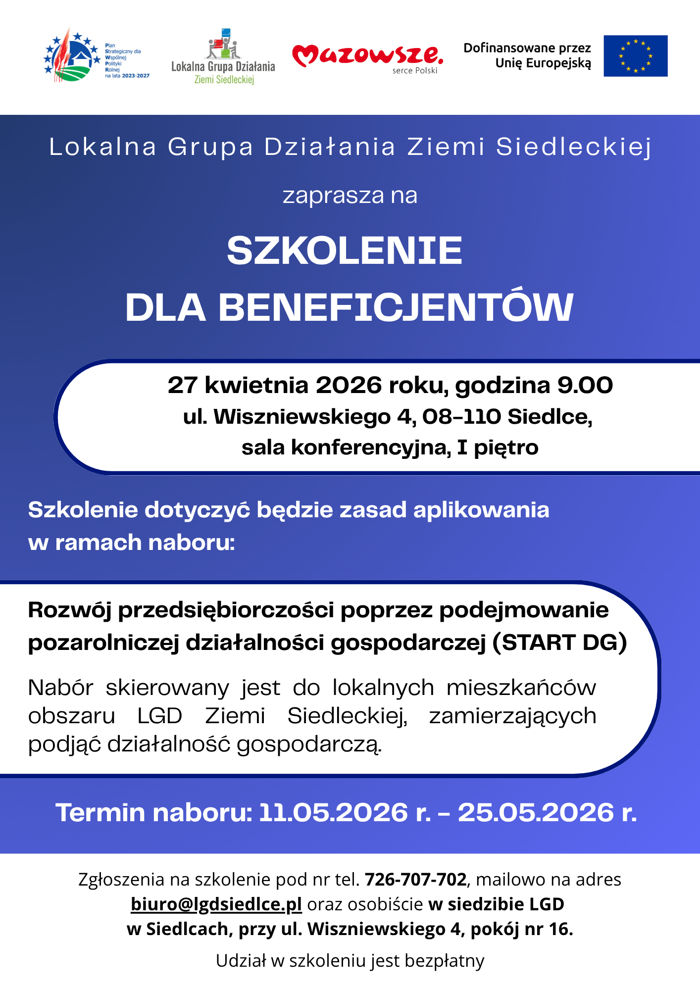 Szkolenie dla beneficjentów 27 kwietnia 2026 o godzinie 9.00. 